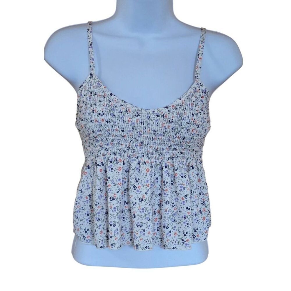 Floral Shirred Babydoll Tank Top S Smocked Straps flower power cottagecore boho